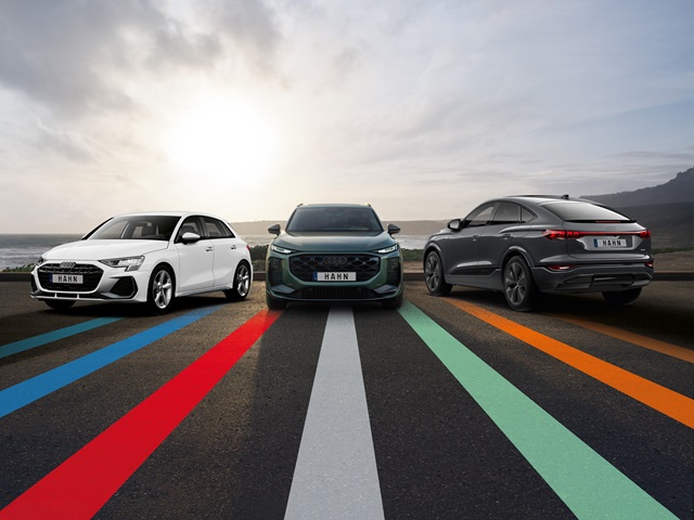 Drei Audi Modelle nebeneinander auf einer Straße vor einem bewölkten Himmel und Meer im Hintergrund