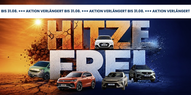 Fünf Autos vor großem Schriftzug 'HITZEFREI', links trockene, rissige Erde mit Sonne, rechts blaue Wasserelemente