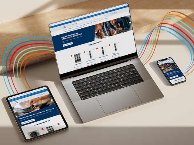 Laptop, Tablet und Smartphone zeigen den Hahn Onlineshop mit Produktbildern und Text.