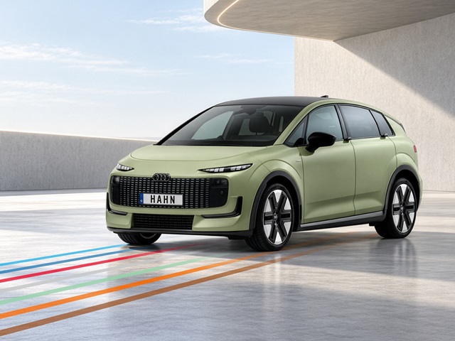 Hellgrüner Audi A2 e-tron mit schwarzem Dach und markantem Frontgrill in moderner Architekturkulisse
