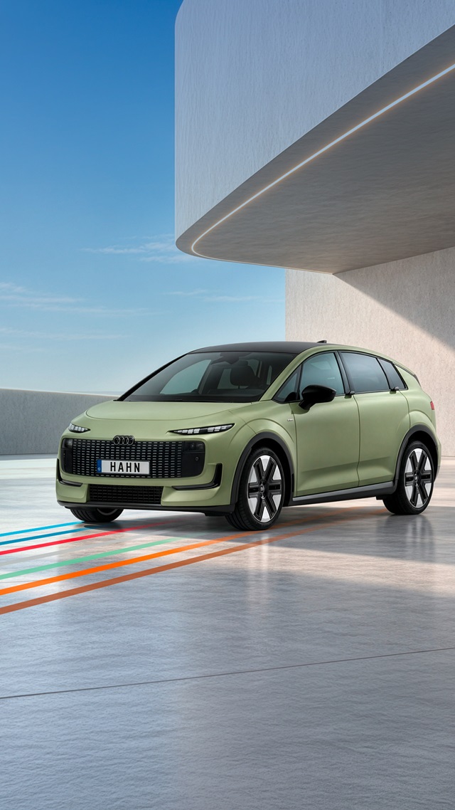 Hellgrüner Audi A2 e-tron mit schwarzem Dach und markantem Frontgrill in moderner Architekturkulisse