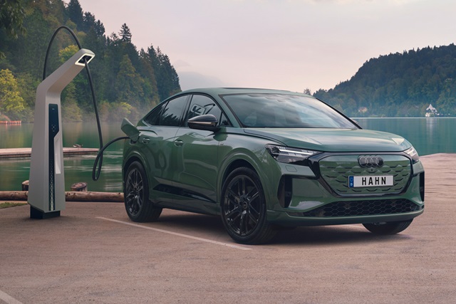 Grüner Audi Q4 e-tron Sportback an einer Ladestation am Seeufer mit bewaldeten Hügeln im Hintergrund.