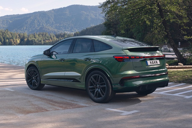 Grüner Audi Q4 e-tron Sportback von hinten rechts an einem See mit Bergen im Hintergrund geparkt