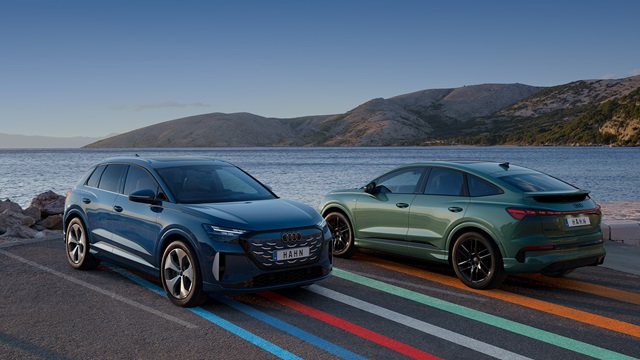 Zwei Audi Q4 e-tron SUV in Blau und Grün stehen nebeneinander auf einer Straße mit farbigen Linien vor einer Küstenlandschaft mit Bergen im Hintergrund