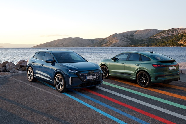 Zwei Audi Q4 e-tron SUV und Sportback in Blau und Grün stehen nebeneinander auf einer Straße vor einer Küstenlandschaft mit Bergen im Hintergrund
