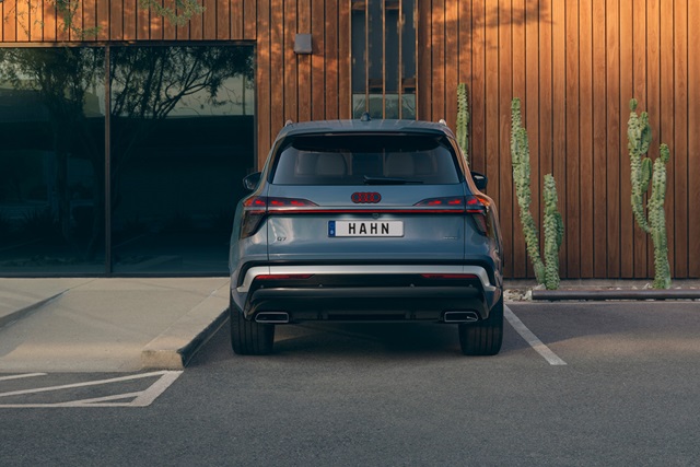 Heckansicht eines blauen Audi Q7 vor einer Holzfassade parkend