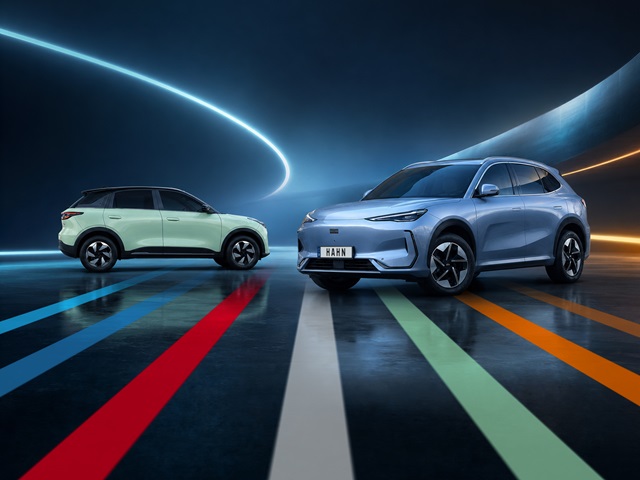 Zwei Geely-Elektroautos, ein hellgrüner Geely E2 von der Seite und ein blauer Geely E5 von vorne mit leuchtenden Linien im Hintergrund.
