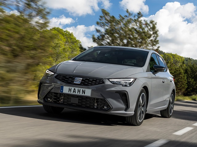 SEAT Ibiza in Grau in Frontansicht auf einer Straße mit Bäumen im Hintergrund