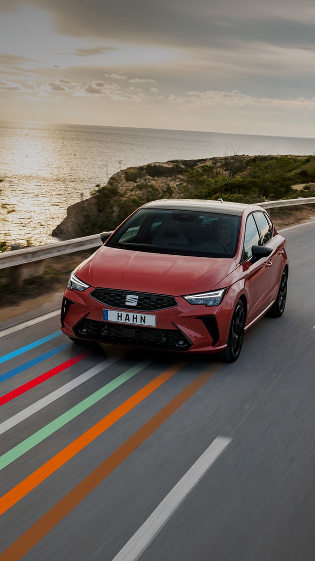 Roter SEAT Ibiza fährt auf Küstenstraße mit Meer und Felsen im Hintergrund, vorne Nummernschild mit 'HAHN'
