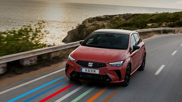 Roter SEAT Ibiza fährt auf Küstenstraße mit Meer und Felsen im Hintergrund, vorne Nummernschild mit 'HAHN'