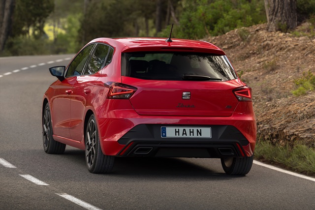 Rote SEAT Ibiza-Heckansicht auf einer kurvigen Landstraße mit Wald im Hintergrund