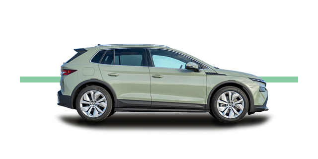 Seitenansicht eines grünen Skoda Elroq mit fünf Türen und silbernen Felgen