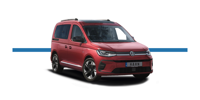Roter VW Caddy mit schwarzem Dach und markantem Frontdesign vor weißem Hintergrund mit blauem horizontalem Streifen