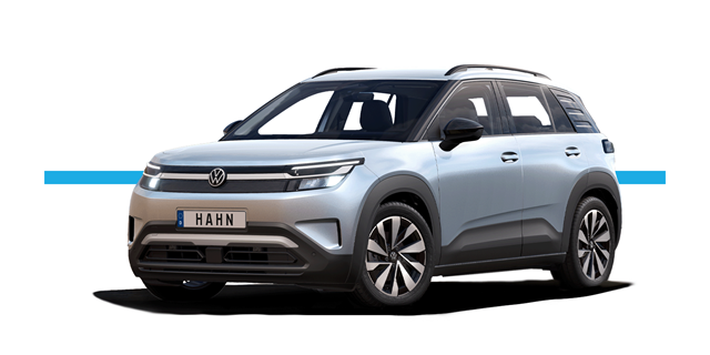 Seitenansicht eines grauen Volkswagen ID. Cross mit schwarzem Dach und dem Kennzeichen 'HAHN'