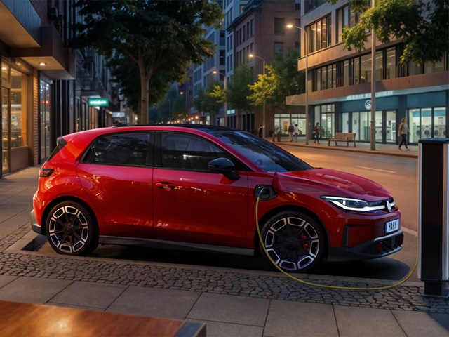 Roter VW ID. Polo GTI in der Seitenansicht beim Laden an einer Ladesäule auf einem Parkplatz, rechts daneben die Straße