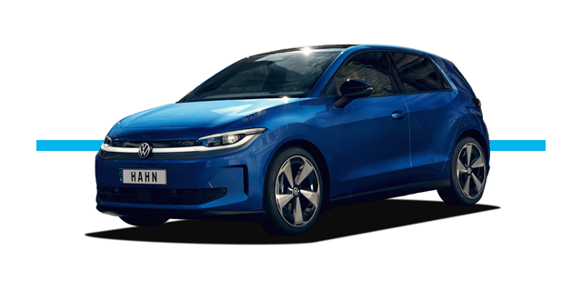 Seitliche Ansicht eines blauen VW ID. Polo mit dem Schriftzug 'HAHN' auf dem Nummernschild