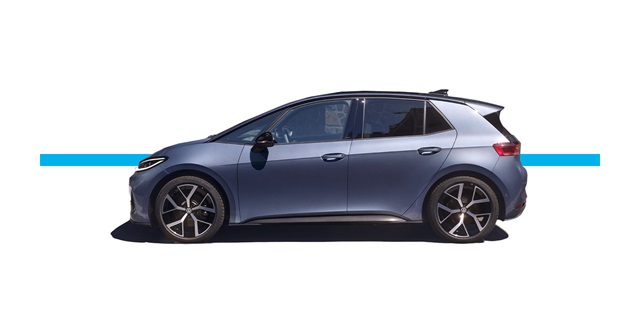 Seitenansicht eines blauen VW ID.3 Neo vor weißem Hintergrund und blauem horizontalem Streifen im Hintergrund