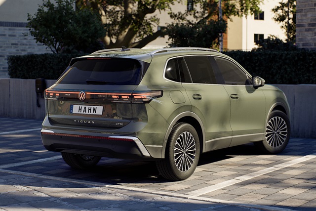 VW Tiguan Elegance in Grün von hinten mit getönten Scheiben und markanten Rückleuchten auf gepflastertem Platz vor Gebäuden