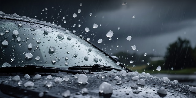 Nahaufnahme einer Autowindschutzscheibe und Motorhaube mit zahlreichen Hagelkörnern bei dunklem Himmel.